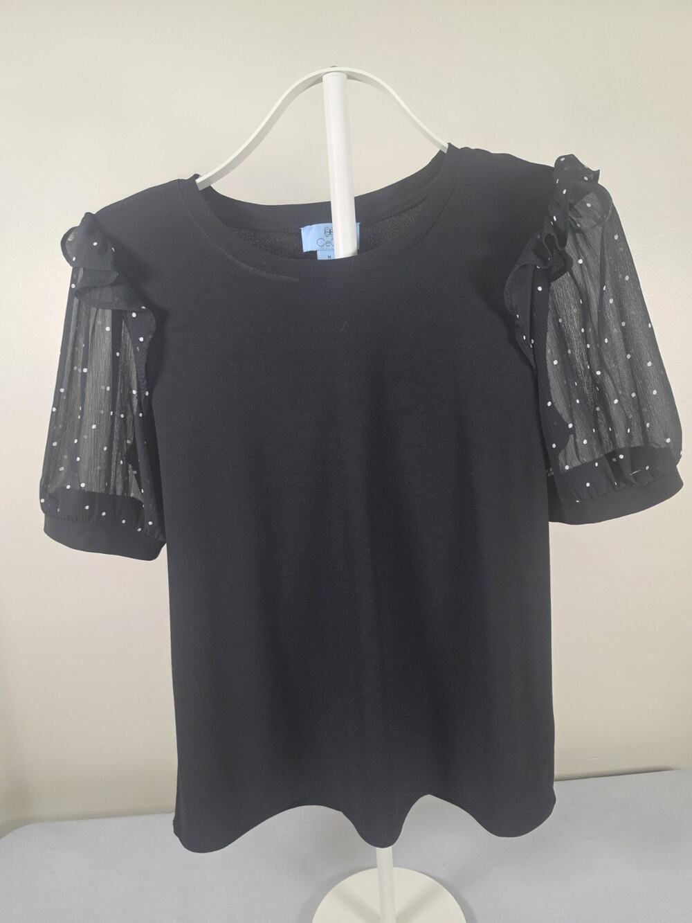 CeCe Women’s Black Blouse Size M Sheer Polka Dot Puff Sleeves Ruffle Trim Top